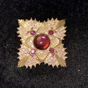 💜 Vintage 90s Purple Rhinestone & Gold Brooch | 2" Square | Estate Find